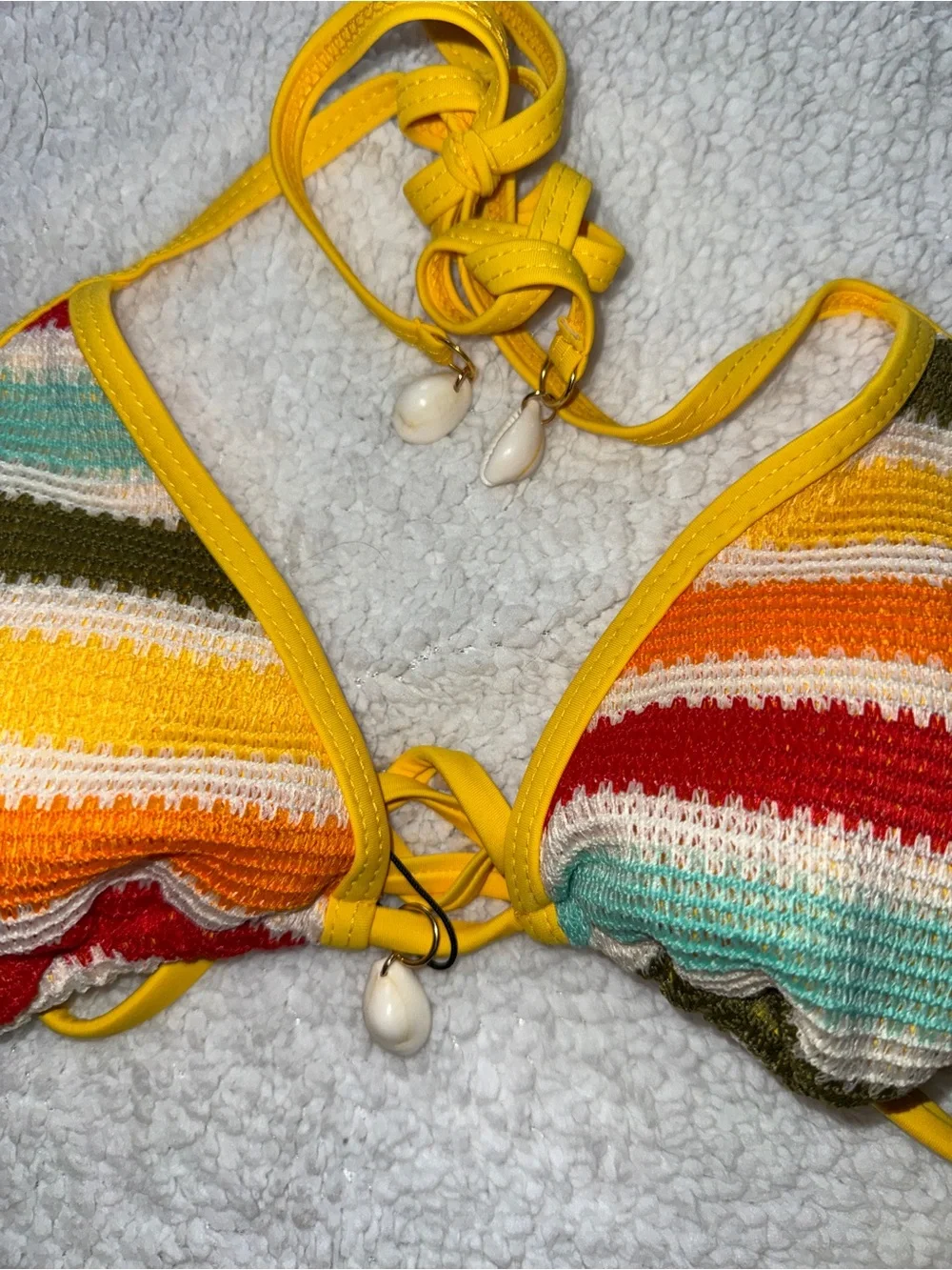 ZAFUL Women's Crochet Colorblock Stripes Triangle Tie Bikini, Shell Details, S